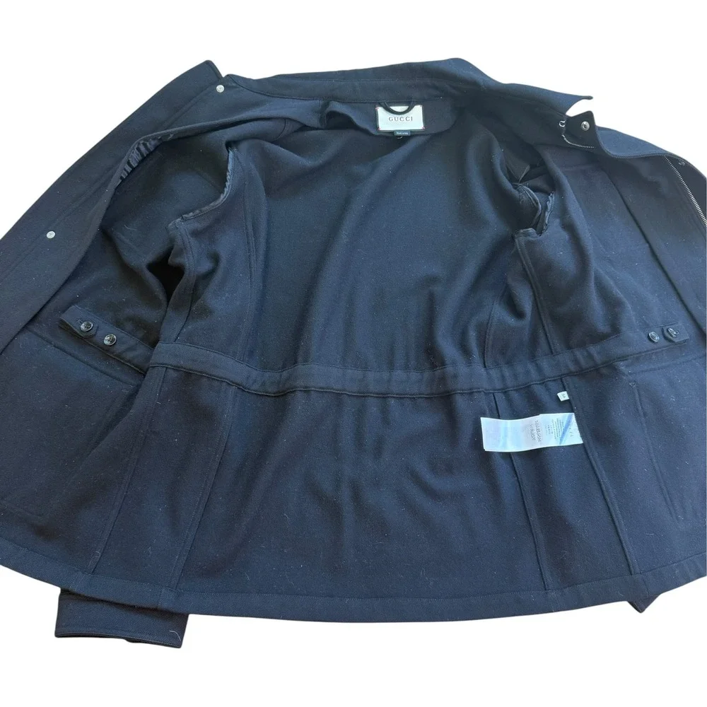 Gucci Mens Black Suede Trim Field Jacket Utility Coat IT 56 Made in Italy